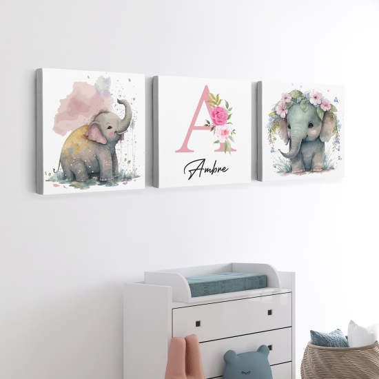 Personalized Set of 3 Children's Canvas Prints - Elephants