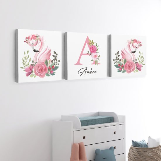 Personalized Set of 3 Children's Canvas Prints - Pink flamingos