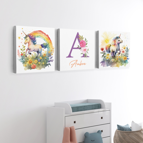 Personalized Set of 3 Children's Canvas Prints - Unicorns