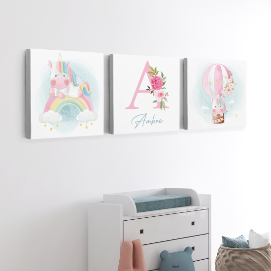 Personalized Set of 3 Children's Canvas Prints - Unicorns