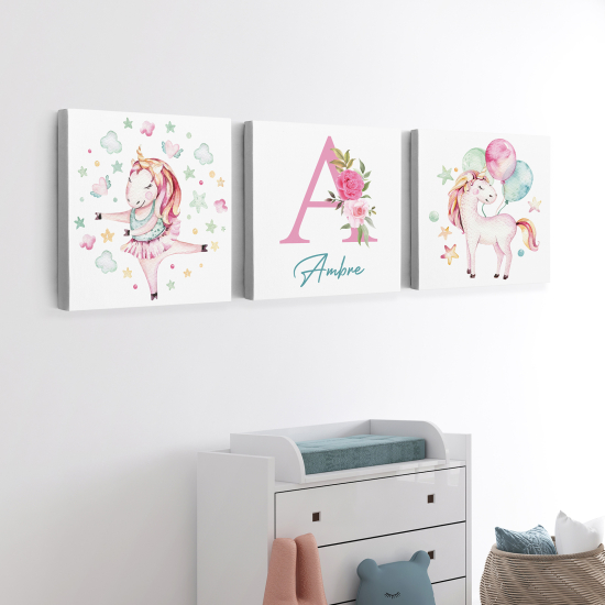 Personalized Set of 3 Children's Canvas Prints - Unicorns