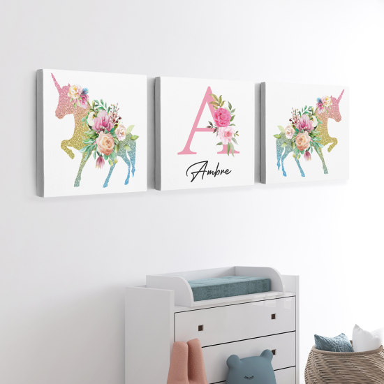 Personalized Set of 3 Children's Canvas Prints - Unicorns Flowers