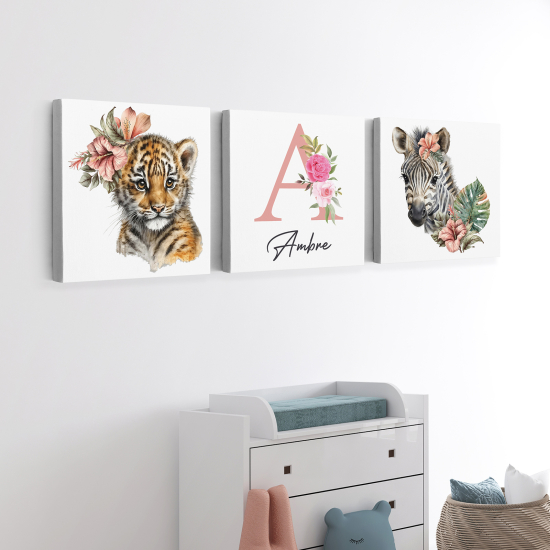 Personalized Set of 3 Children's Canvas Prints - Zebra tiger