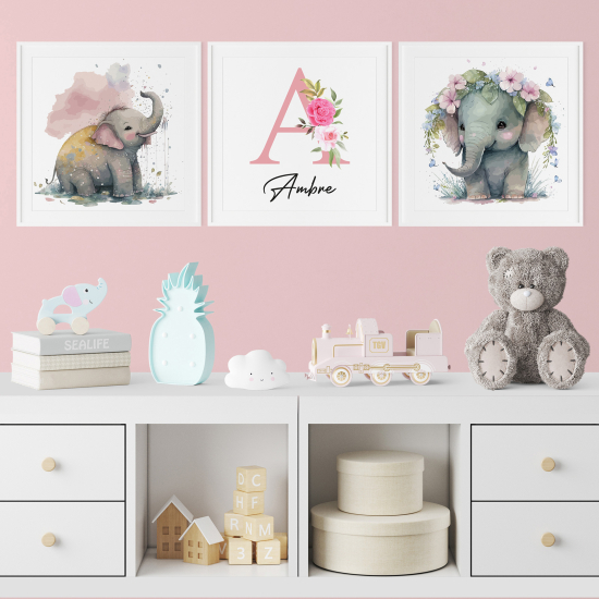 Personalized Set Of 3 Posters for Kids - Elephants