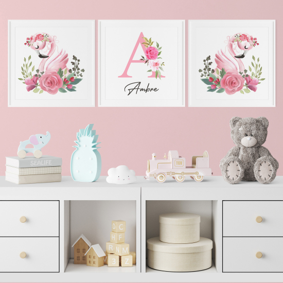 Personalized Set Of 3 Posters for Kids - Pink flamingos