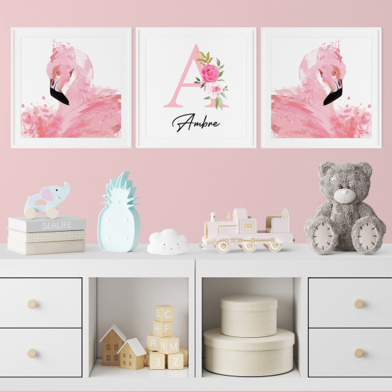 Personalized Set Of 3 Posters for Kids - Pink Flamingos