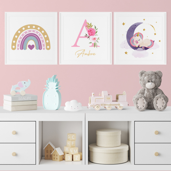 Personalized Set Of 3 Posters for Kids - Rainbow Unicorn