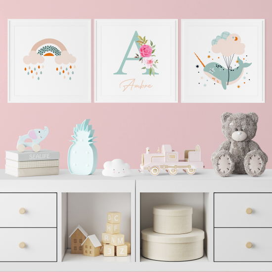 Personalized Set Of 3 Posters for Kids - Rainbow Whale