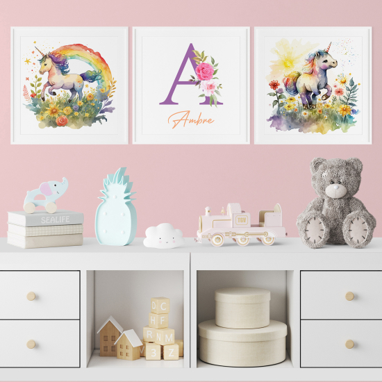 Personalized Set Of 3 Posters for Kids - Unicorns