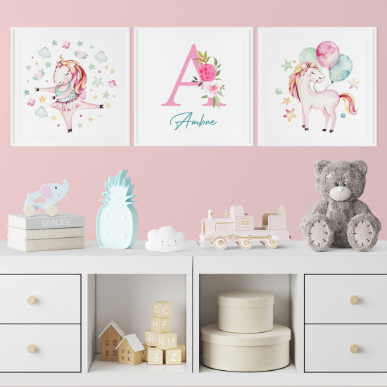 Personalized Set Of 3 Posters for Kids - Unicorns