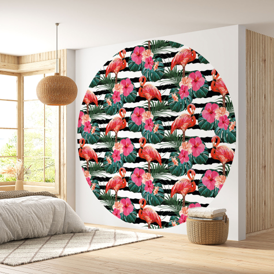 Round / Circle Wall Mural - Wallpaper - Flamingo Pattern