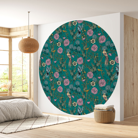 Round / Circle Wall Mural - Wallpaper - Flowers Birds