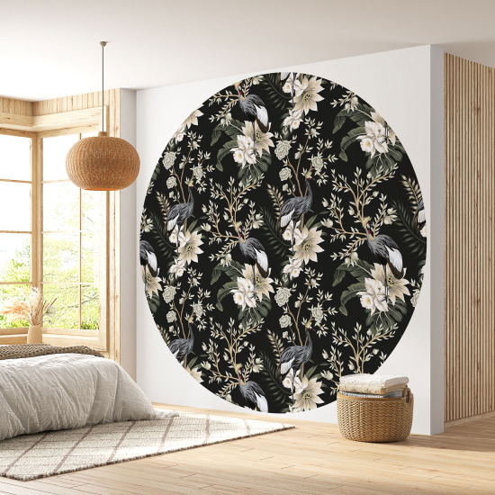 Round / Circle Wall Mural - Wallpaper - Flowers Birds