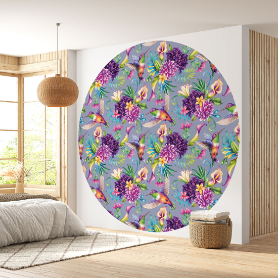 Round / Circle Wall Mural - Wallpaper - Flowers Birds