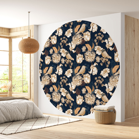 Round / Circle Wall Mural - Wallpaper - Flowers Birds