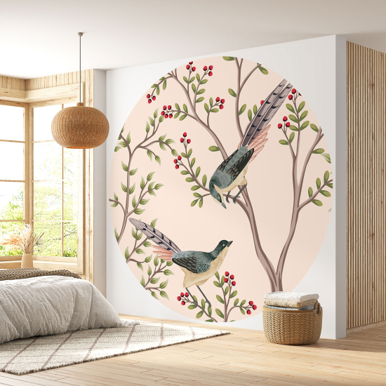 Round / Circle Wall Mural - Wallpaper - Flowers Birds