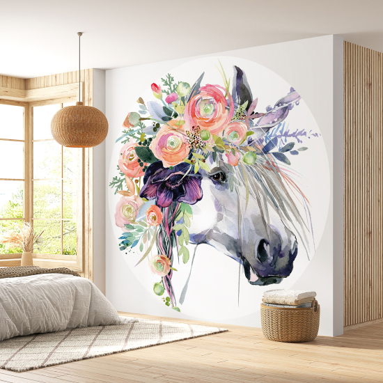 Round / Circle Wall Mural - Wallpaper for Kids - Unicorn Flowers