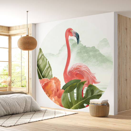 Round / Circle Wall Mural - Wallpaper - Pink flamingo