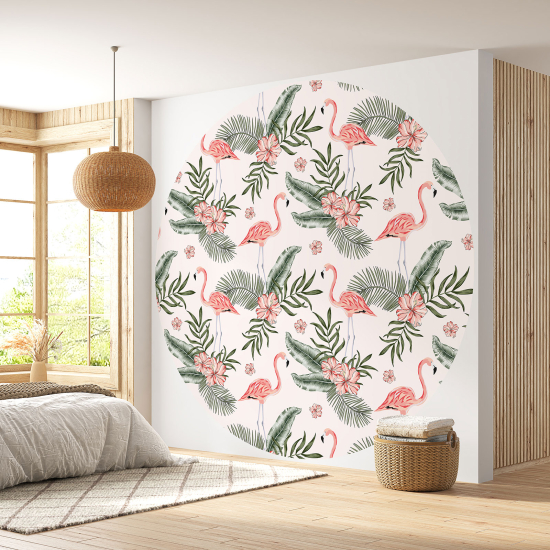 Round / Circle Wall Mural - Wallpaper - Pink Flamingos