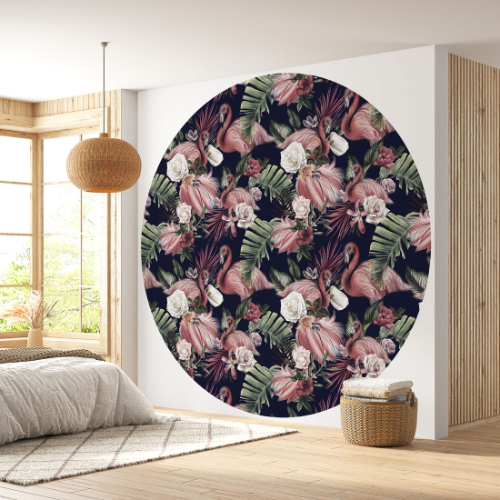 Round / Circle Wall Mural - Wallpaper - Pink Flamingos