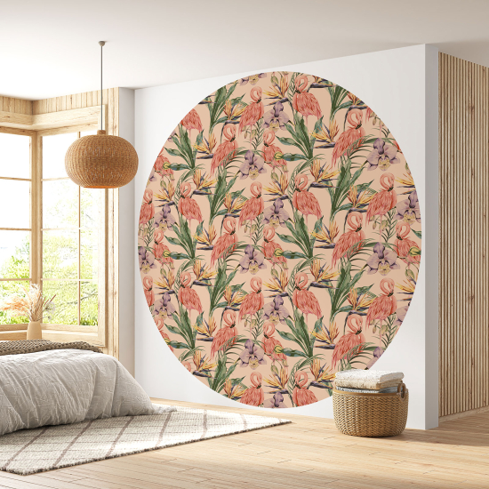 Round / Circle Wall Mural - Wallpaper - Pink Flamingos