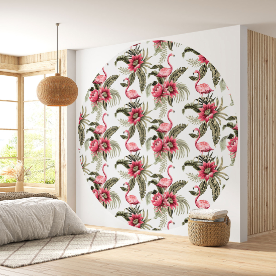 Round / Circle Wall Mural - Wallpaper - Pink Flamingos