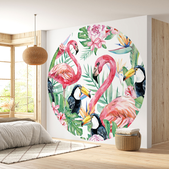 Round / Circle Wall Mural - Wallpaper - Pink Flamingos