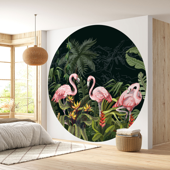 Round / Circle Wall Mural - Wallpaper - Pink Flamingos