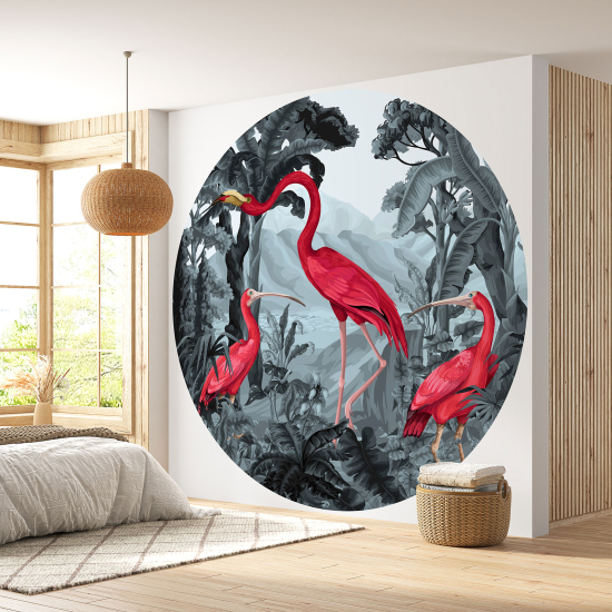 Round / Circle Wall Mural - Wallpaper - Pink Flamingos