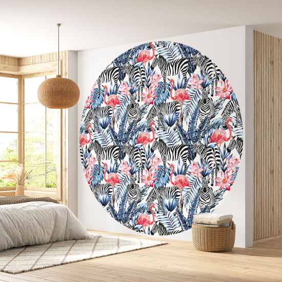 Round / Circle Wall Mural - Wallpaper - Zebra and pink flamingos