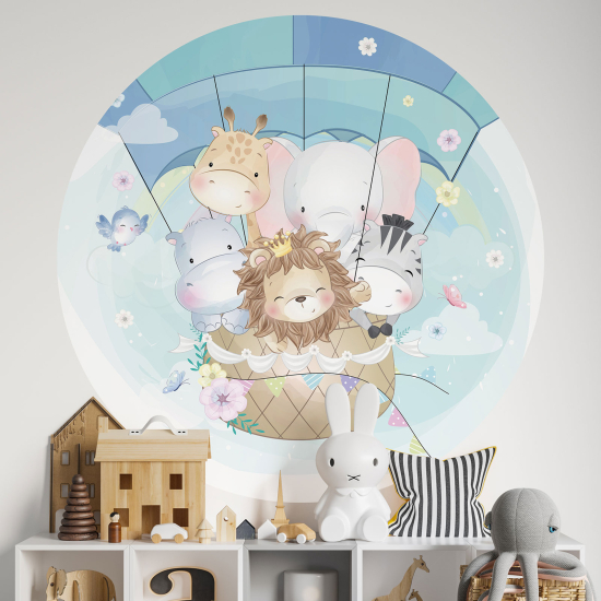 Round / Circle Wall Sticker for Kids - Hot Air Balloon Animals