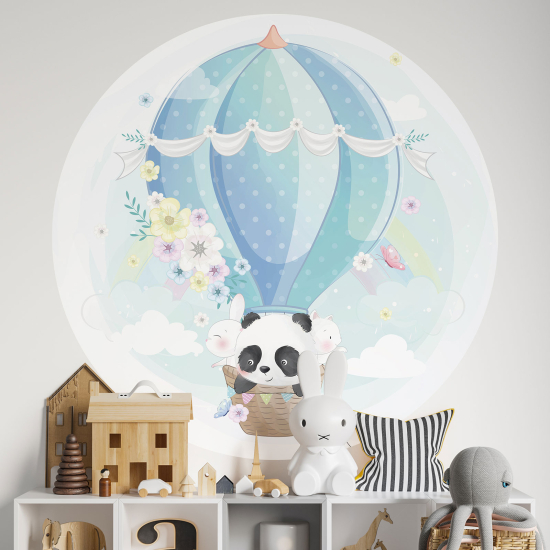 Round / Circle Wall Sticker for Kids - Panda Hot Air Balloon