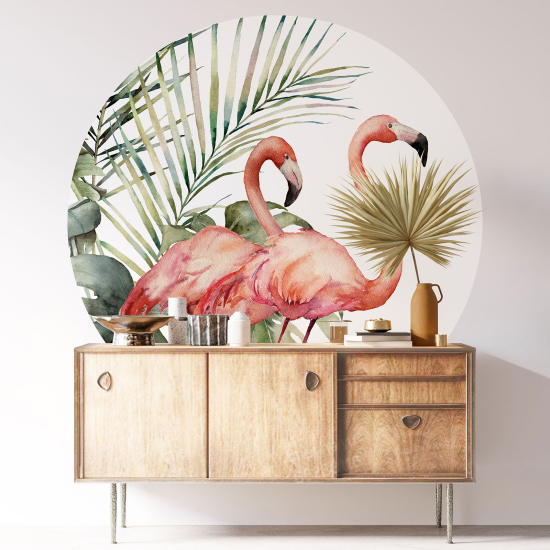 Round / Circle Wall Sticker - Pink Flamingos