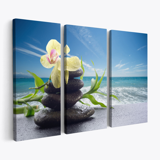 Triptych Canvas Prints - Flowers Pebbles