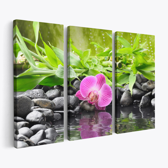 Triptych Canvas Prints - Flowers Pebbles