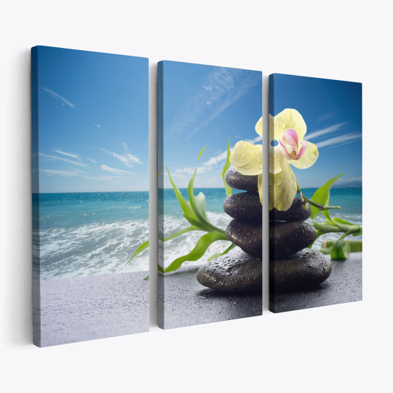 Triptych Canvas Prints - Flowers Pebbles