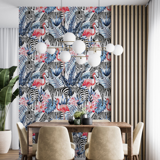 Wall Mural - Wallpaper - Zebra and pink flamingos