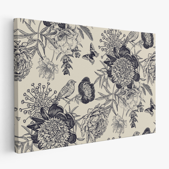 Canvas Print - Flowers Birds Butterflies