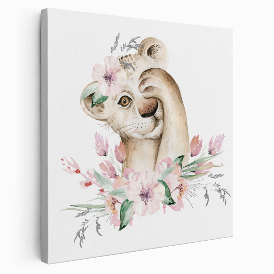 Canvas Print for Kids - Lion Cub Flowers