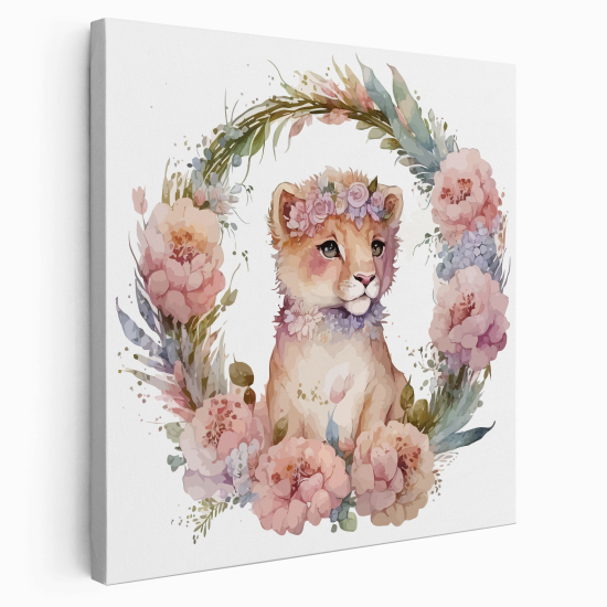 Canvas Print for Kids - Lion Cub Flowers