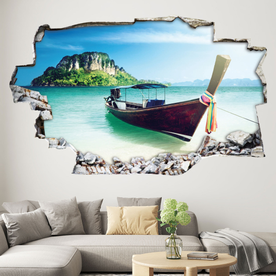 Hole In The Wall Sticker - Optical illusions - Boat on the beach