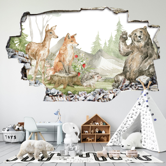 Hole In The Wall Sticker - Optical illusions - Forest Animals