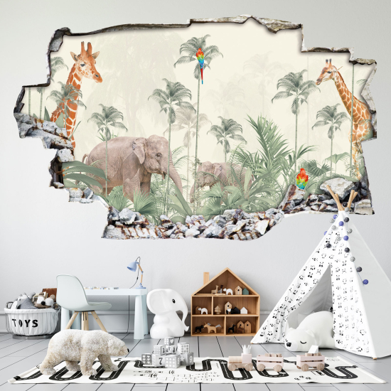 Hole In The Wall Sticker - Optical illusions - Jungle Animals