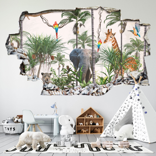 Hole In The Wall Sticker - Optical illusions - Jungle Animals