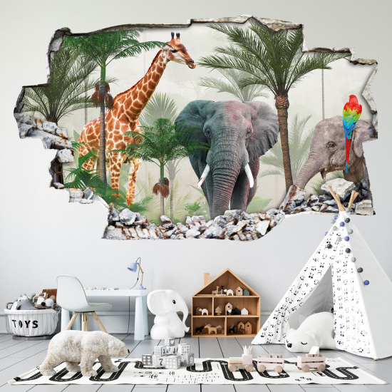 Hole In The Wall Sticker - Optical illusions - Jungle Animals