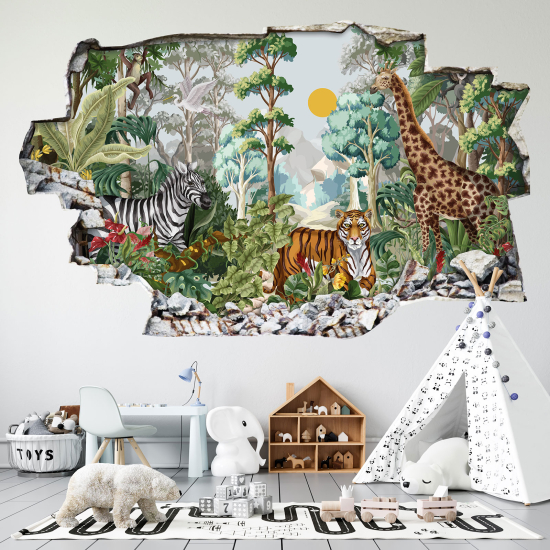 Hole In The Wall Sticker - Optical illusions - Jungle Animals