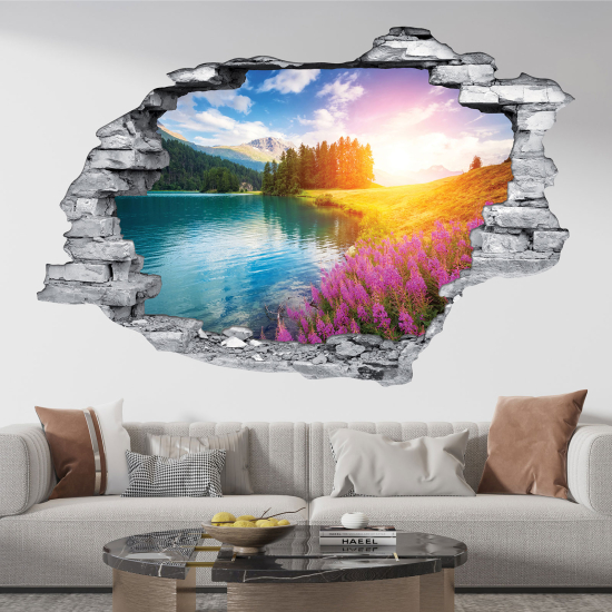 Hole In The Wall Sticker - Optical illusions - Lake mountains