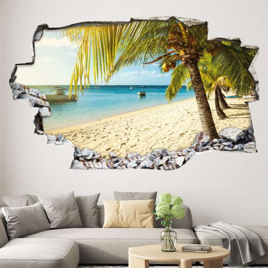 Hole In The Wall Sticker - Optical illusions - Palm Tree Beach