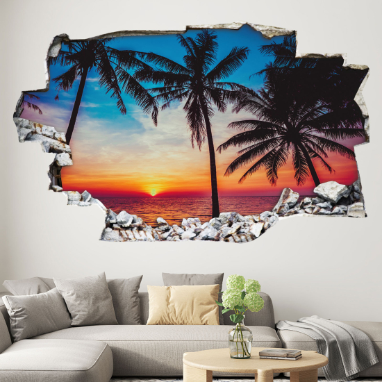 Hole In The Wall Sticker - Optical illusions - Palm Tree Beach