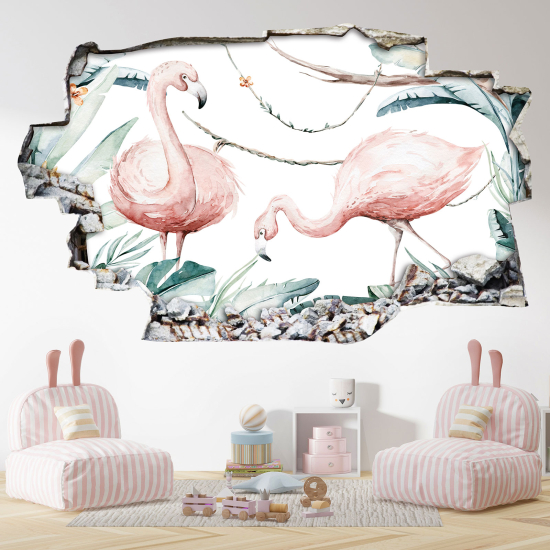 Hole In The Wall Sticker - Optical illusions - Pink Flamingos